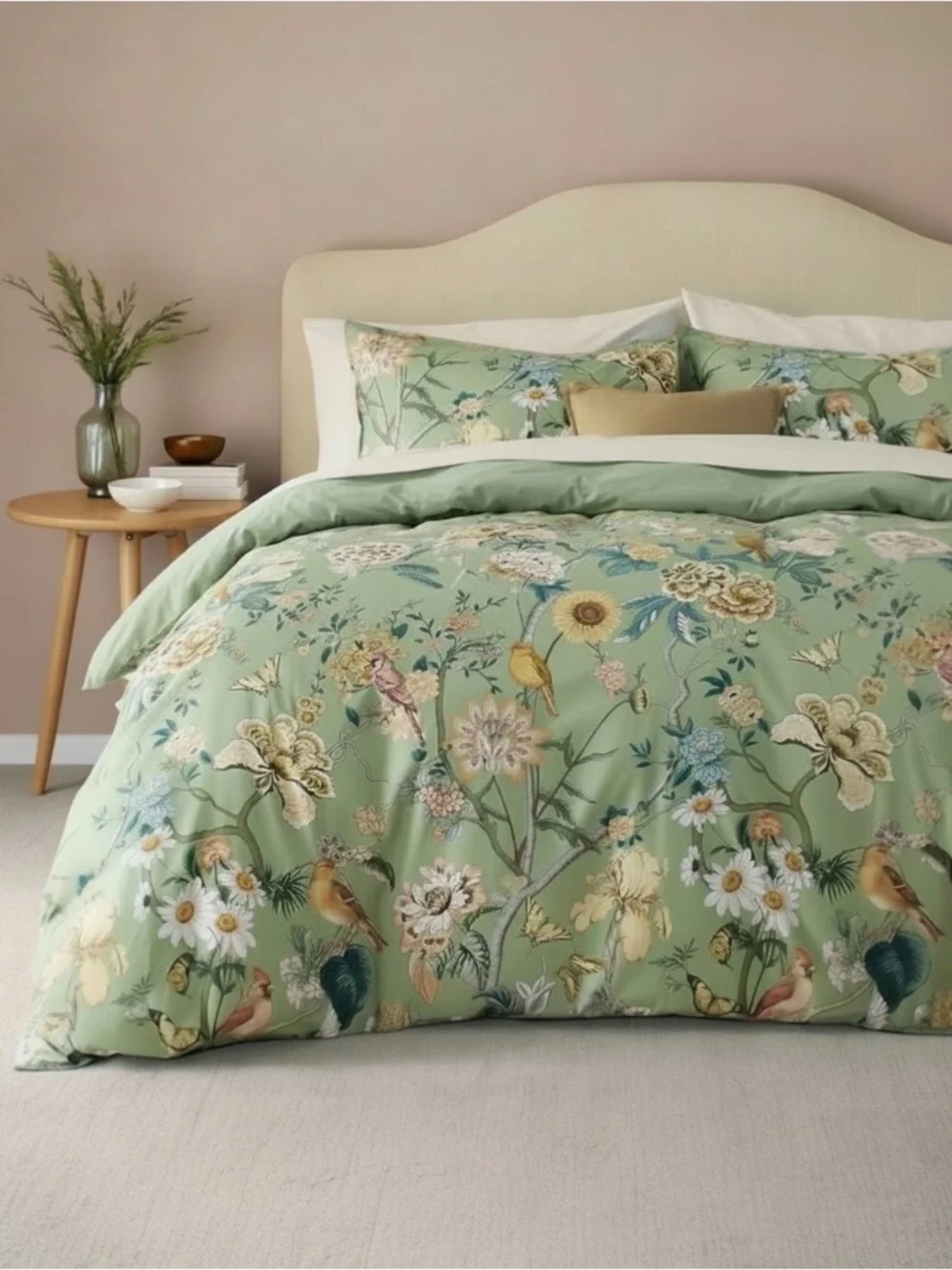 NEW ANTHROPOLOGIE GREEN FLORAL BIRD BOHO KING SIZE BEDDING + SHAM SET